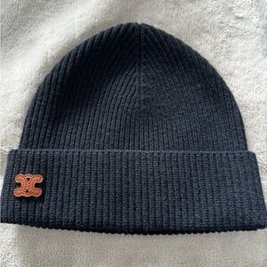 Celine Black Ribbed Knit Beanie with Brown Leather Logo